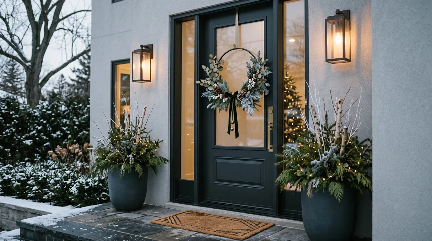 Finish with a wreath that feels simple and beautifully festive inspiration for a front door wreath display.